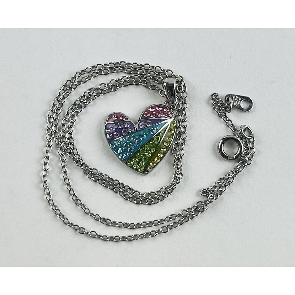 Rainbow Heart Silver Tone Necklace Pendant Angled Pastel CZ Cubic Zirconia Kohls - Picture 16 of 16